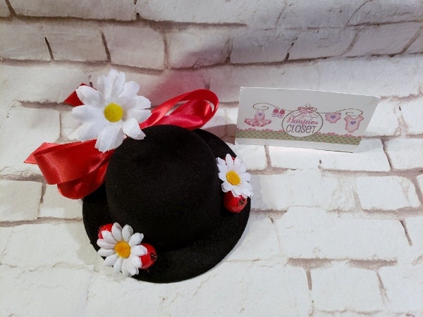 Nanny Character Mini Felt Hat – Costume Headpiece with Red Ribbon & Daisies, Fancy Dress Hat