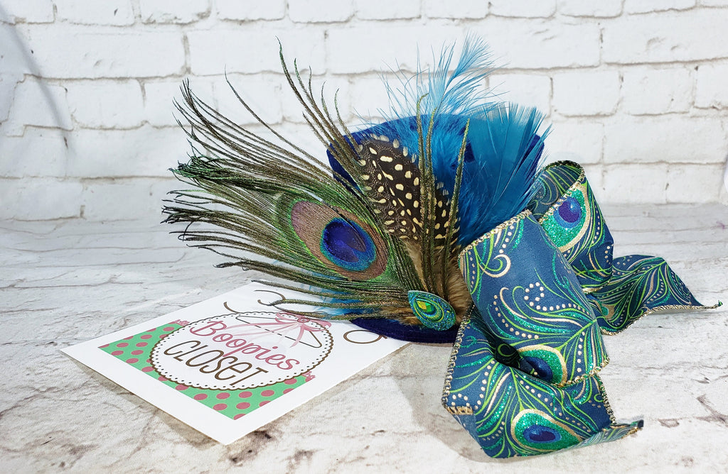 Peacock Feather Mini Top Hat – Derby & Mad Hatter Costume Fascinator for Women & Girls