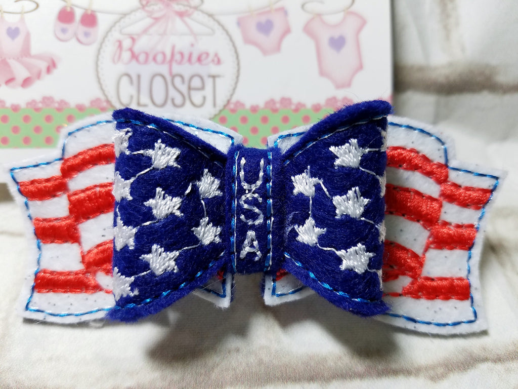 Stars & Stripes Patriotic 3D Felt Hair Bow – USA Flag Barrette or Headband, 4th of July Accessory