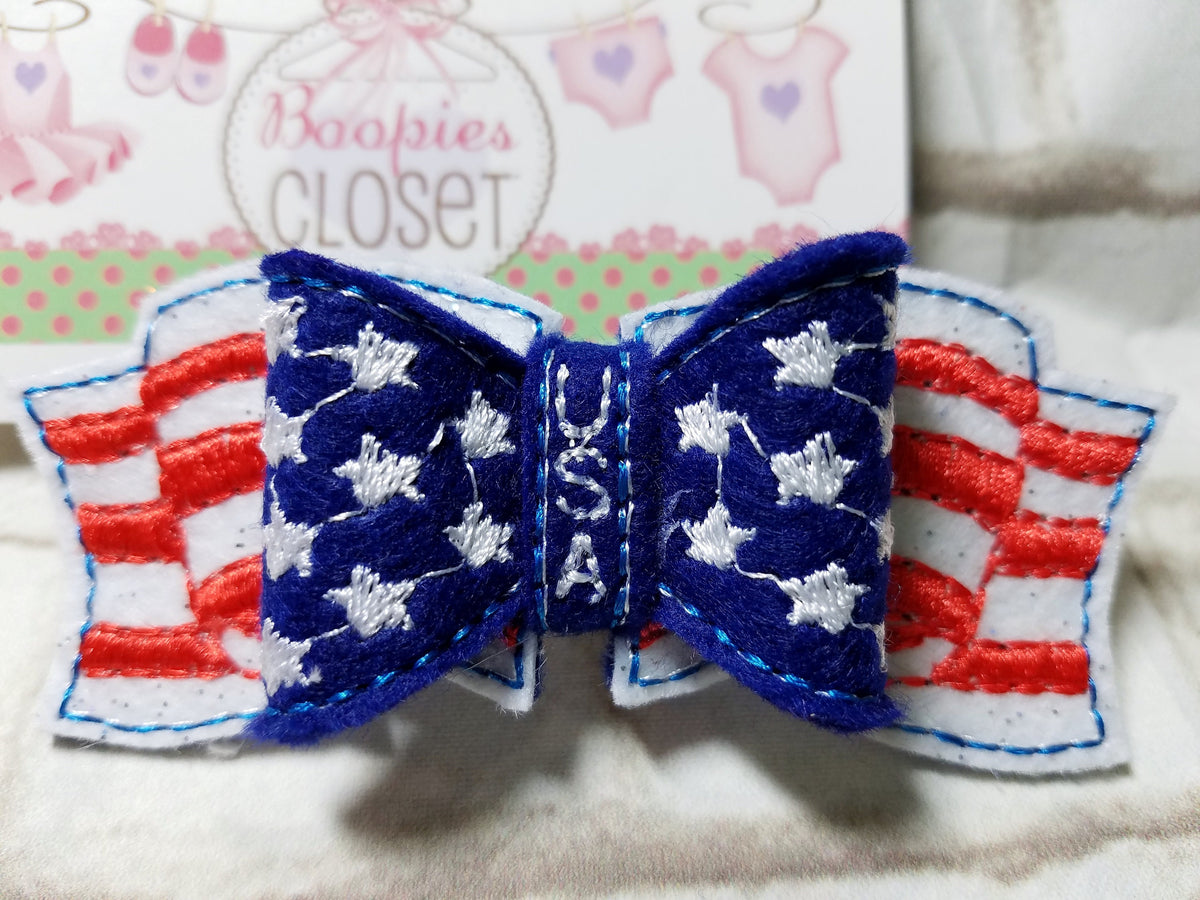 Stars & Stripes Patriotic 3D Felt Hair Bow – USA Flag Barrette or Headband, 4th of July Accessory