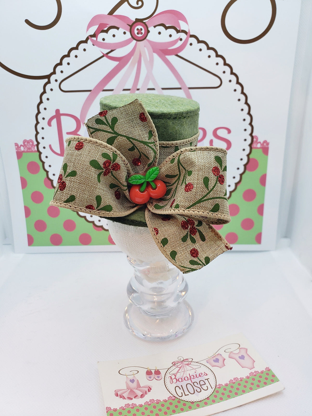 Olive Felt Mini Top Hat – Cherry Burlap Ribbon Costume Hat for Adults, Kids & Pets