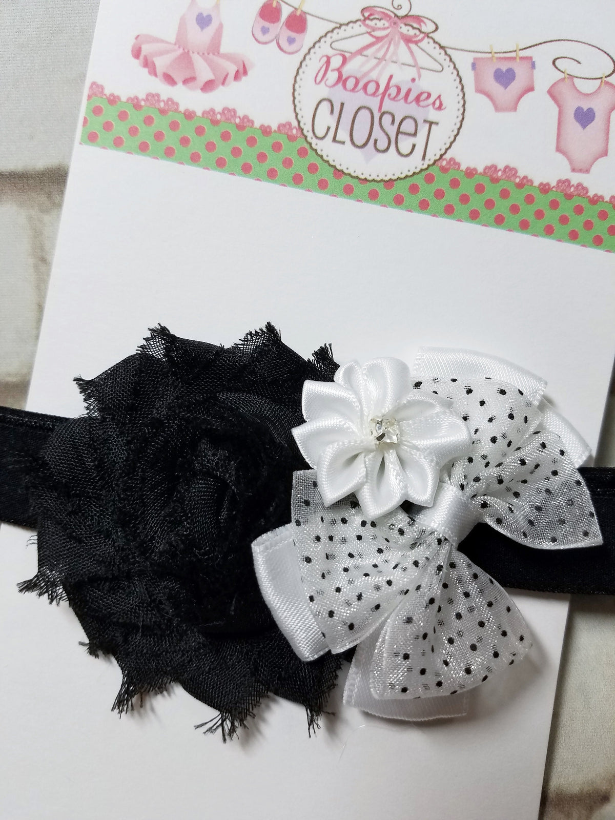 Black & White Floral Baby Headband – Mini Newborn Flower Bow Headband for Baby Girls, Photo Prop