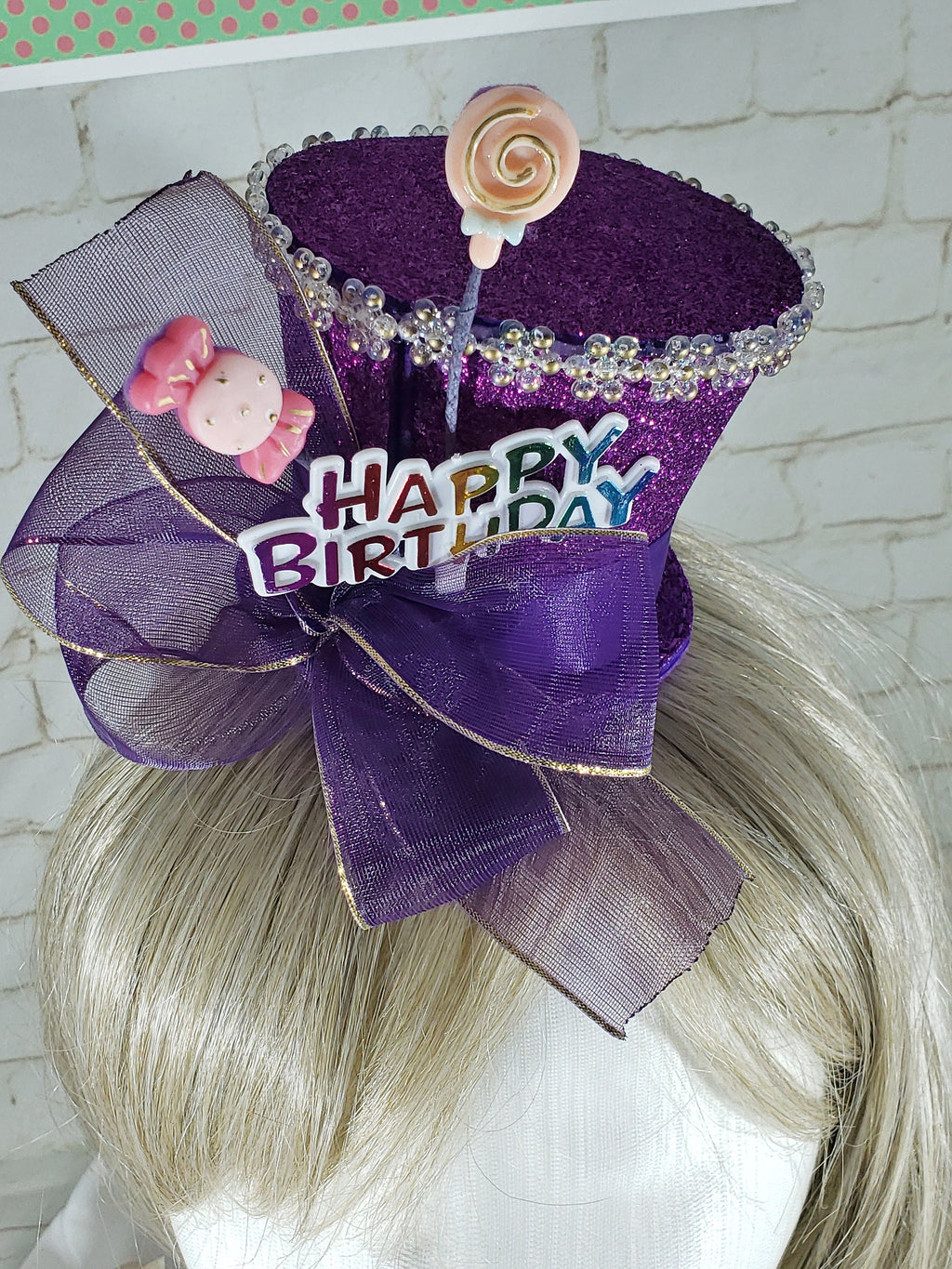Purple Candy Birthday Sparkle Mini Top Hat – Party Costume Hat for Adults, Kids & Pets
