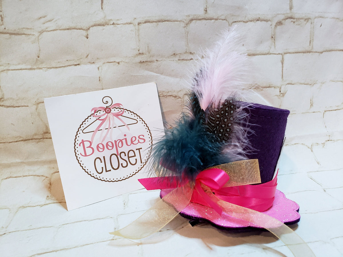 Fancy Mad Hatter Mini Top Hat – Purple Felt with Feathers & Ribbon, Alice in Wonderland Costume