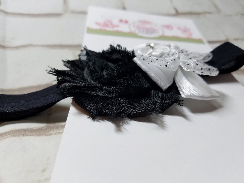 Black & White Floral Baby Headband – Mini Newborn Flower Bow Headband for Baby Girls, Photo Prop