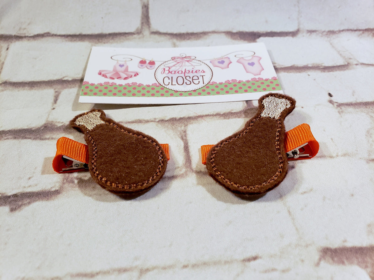 Turkey Leg Thanksgiving Feltie Barrette Set – Holiday Hair Clips for Girls, Thanksgiving Headband