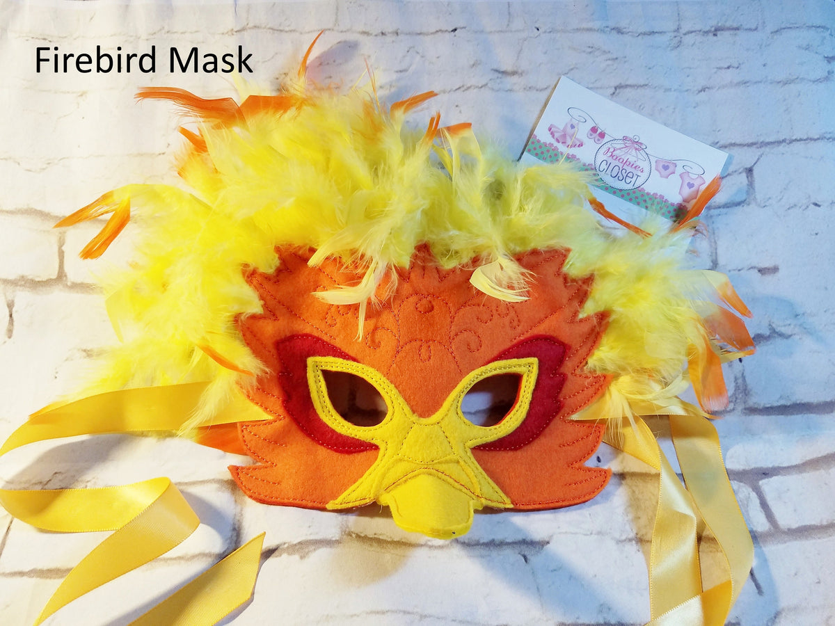 Feathered Firebird Felt Mask – Embroidered Bird Costume Mask for Adults & Kids, Masquerade Headpiece