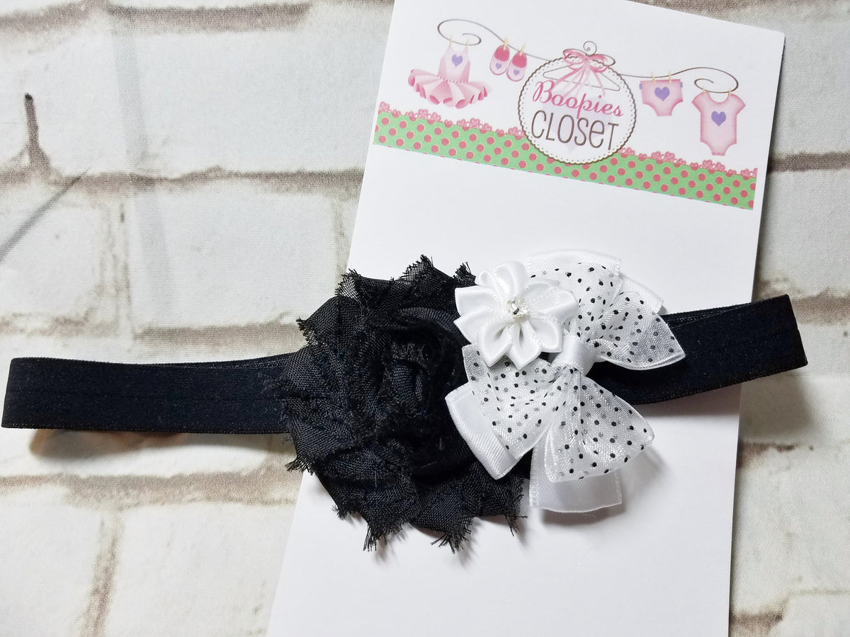 Black & White Floral Baby Headband – Mini Newborn Flower Bow Headband for Baby Girls, Photo Prop