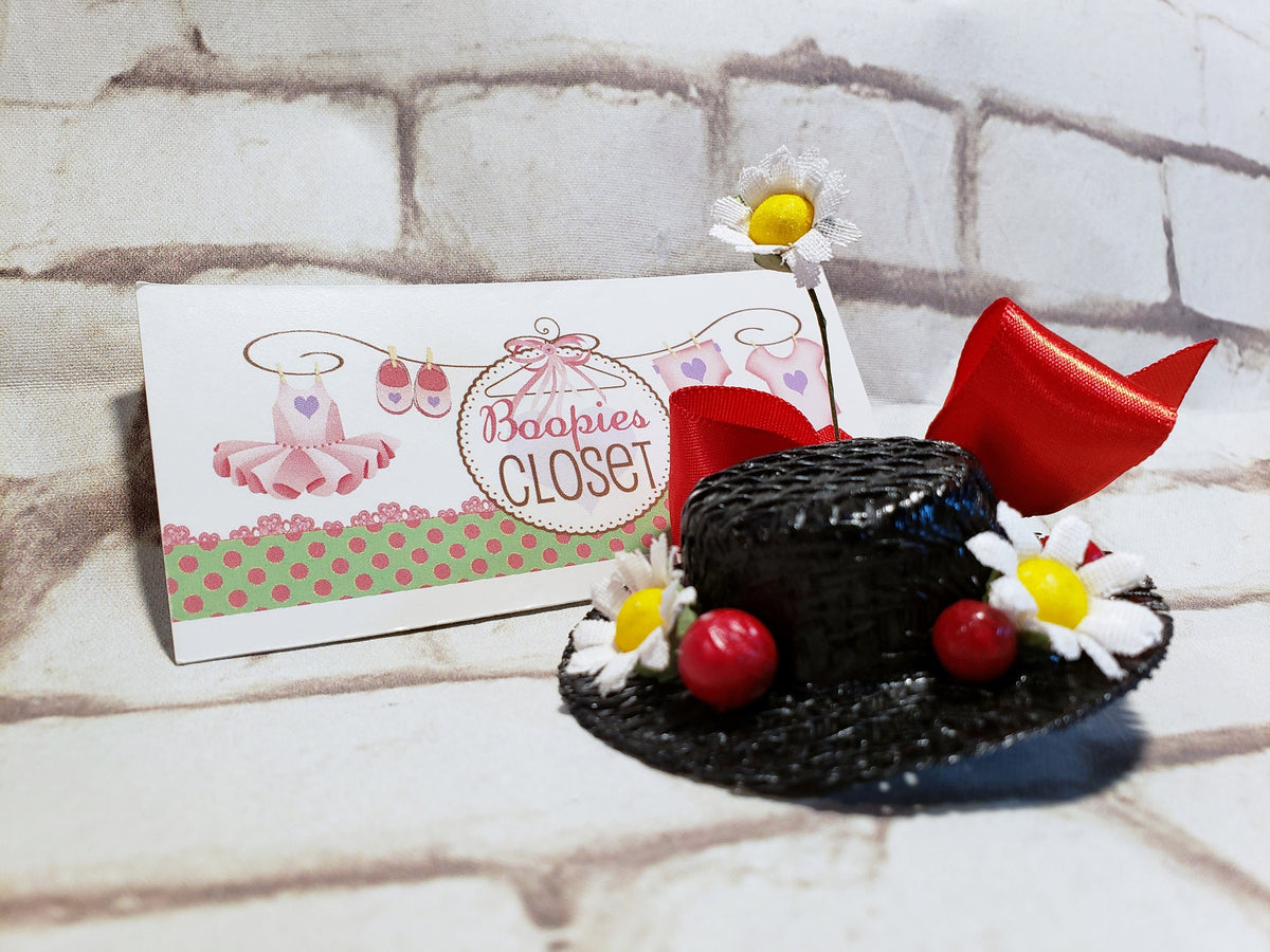 Miniature Nanny Hat Barrette – Black Straw Daisy Hair Clip, Character Costume Hair Accessory