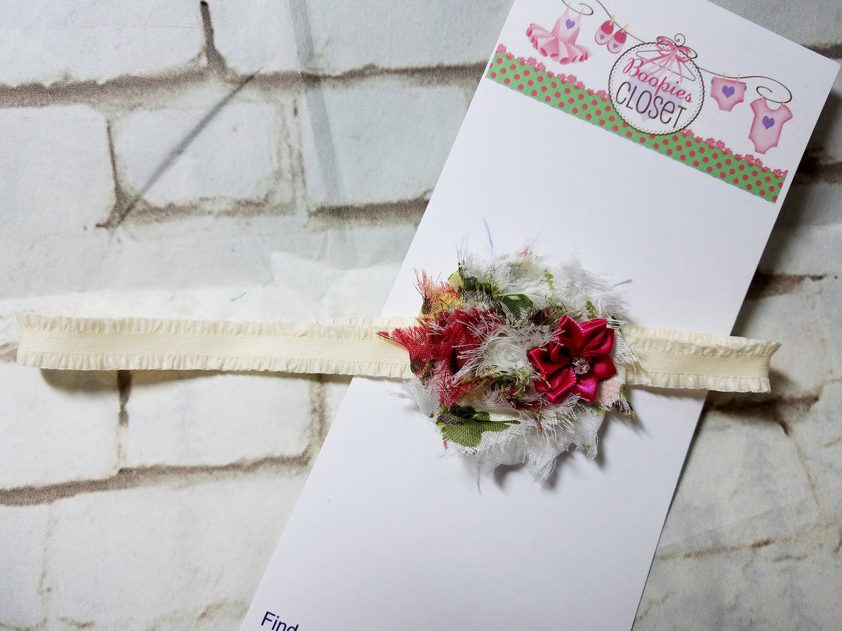 Shabby Chic Baby Headband – Ivory Rose & Rhinestone Flower Headband for Newborns & Baby Girls