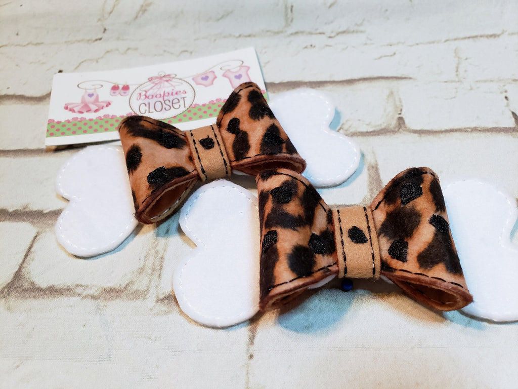Animal Print Bone 3D Felt Bow – Leopard Print Dog Bone Headband or Barrette for Kids & Pets