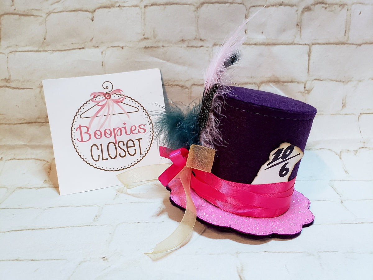 Fancy Mad Hatter Mini Top Hat – Purple Felt with Feathers & Ribbon, Alice in Wonderland Costume