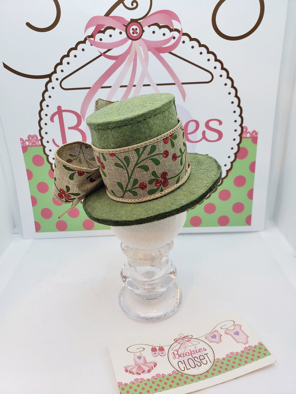 Olive Felt Mini Top Hat – Cherry Burlap Ribbon Costume Hat for Adults, Kids & Pets