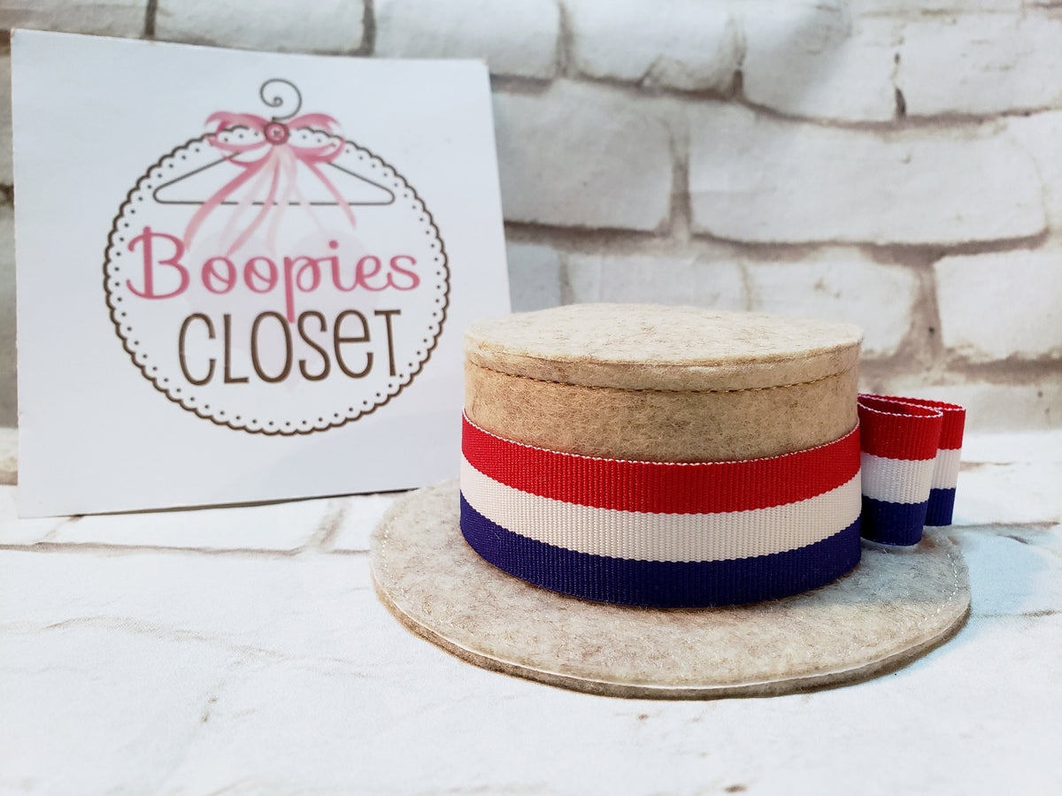 Yankee Doodle Mini Skimmer Hat – Patriotic Red White & Blue Ribbon Fascinator, 4th of July Hat