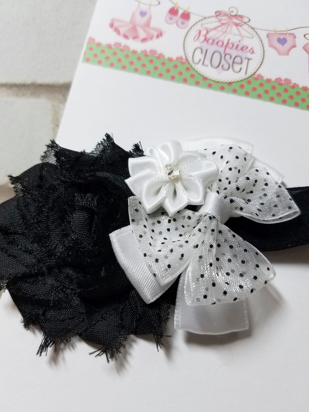 Black & White Floral Baby Headband – Mini Newborn Flower Bow Headband for Baby Girls, Photo Prop