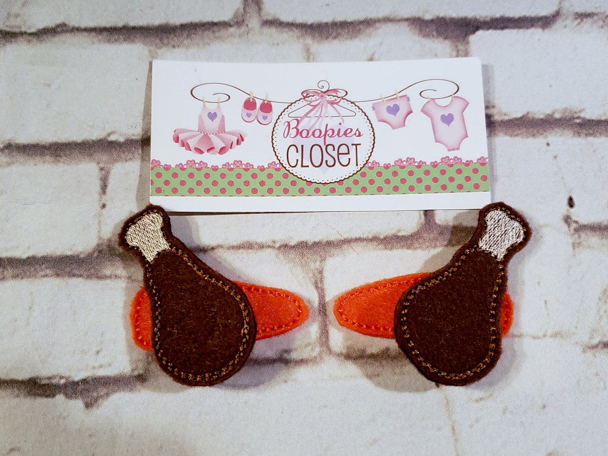 Turkey Leg Thanksgiving Feltie Barrette Set – Holiday Hair Clips for Girls, Thanksgiving Headband