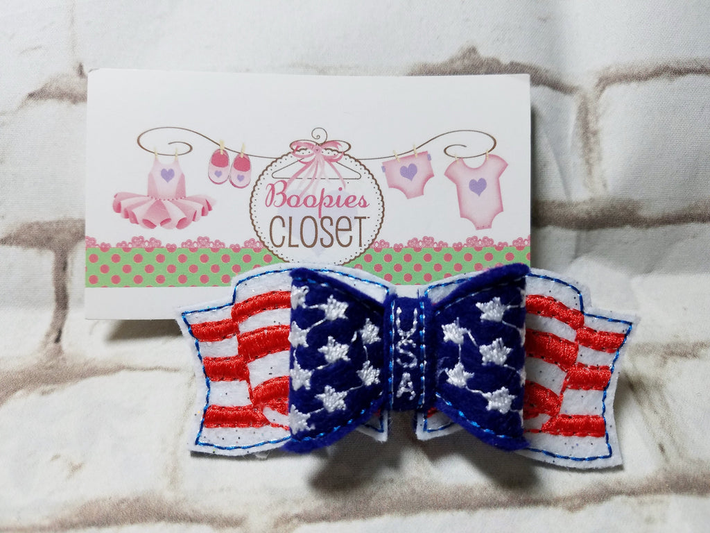 Stars & Stripes Patriotic 3D Felt Hair Bow – USA Flag Barrette or Headband, 4th of July Accessory