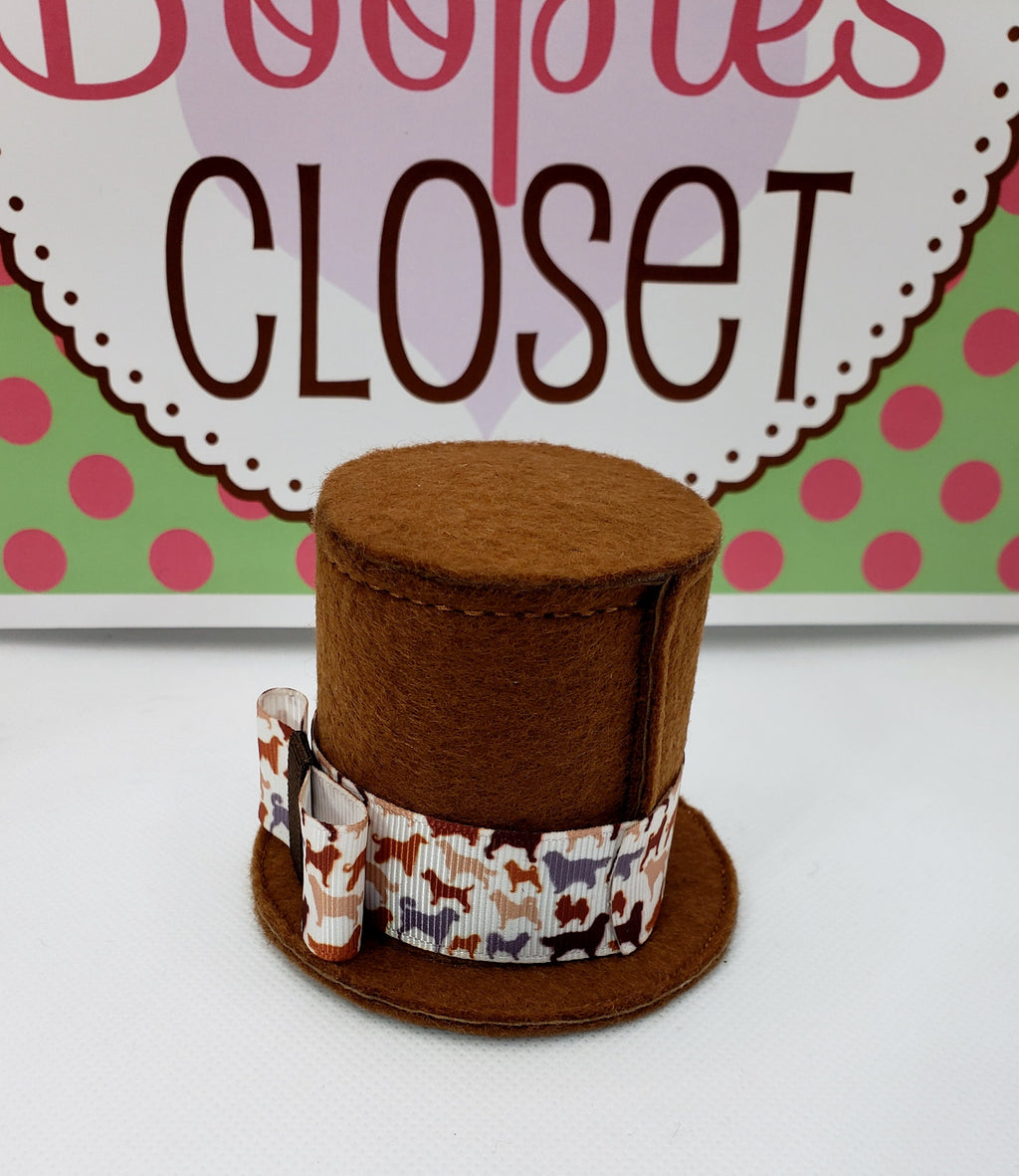Pet Mini Top Hat – Brown Felt Stovepipe Hat with Dog Ribbon, Costume Hat for Dogs & Cats