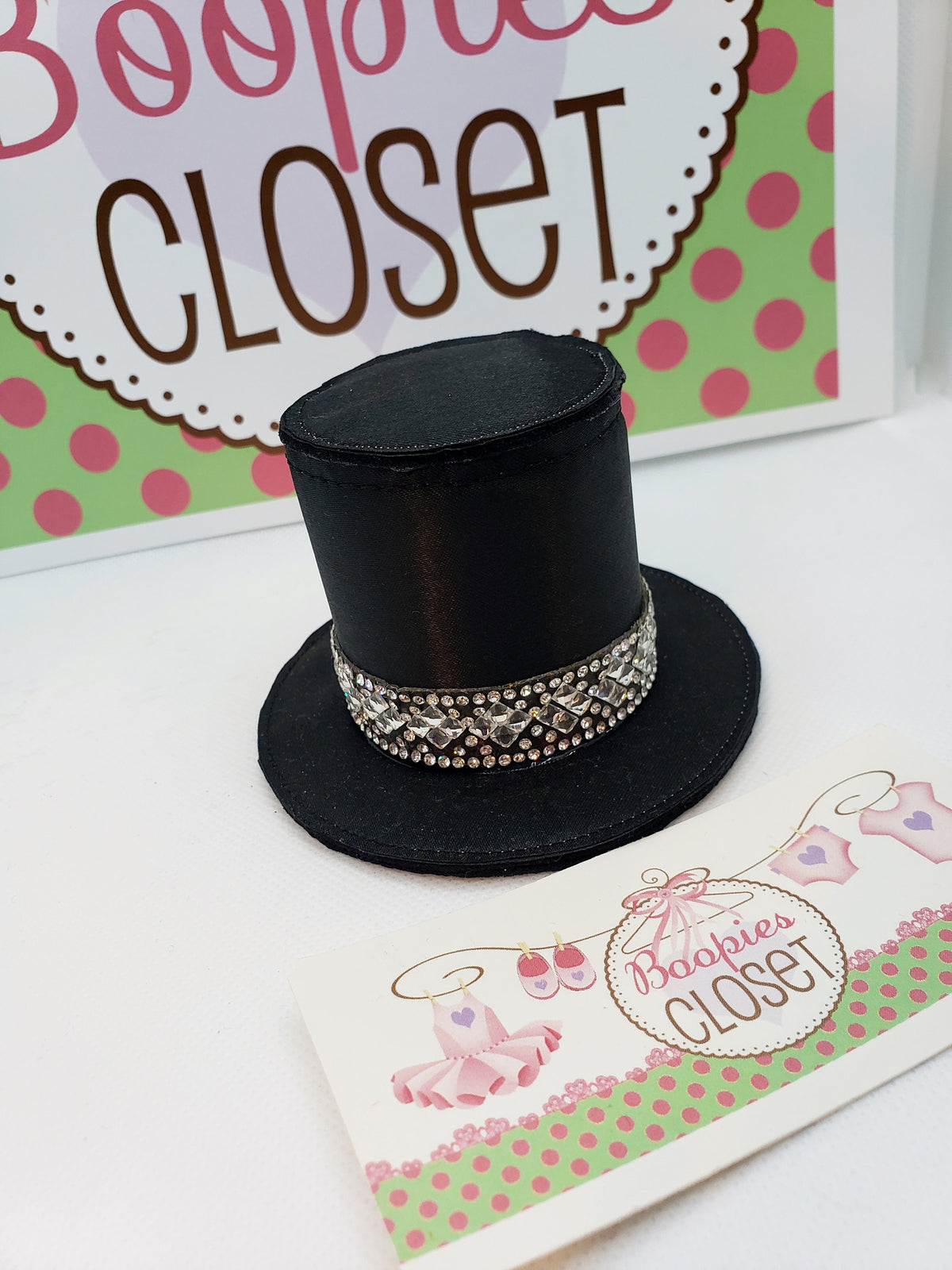 Black Satin Mini Top Hat – Rhinestone Band Derby Fascinator for Women, Elegant Costume Headpiece