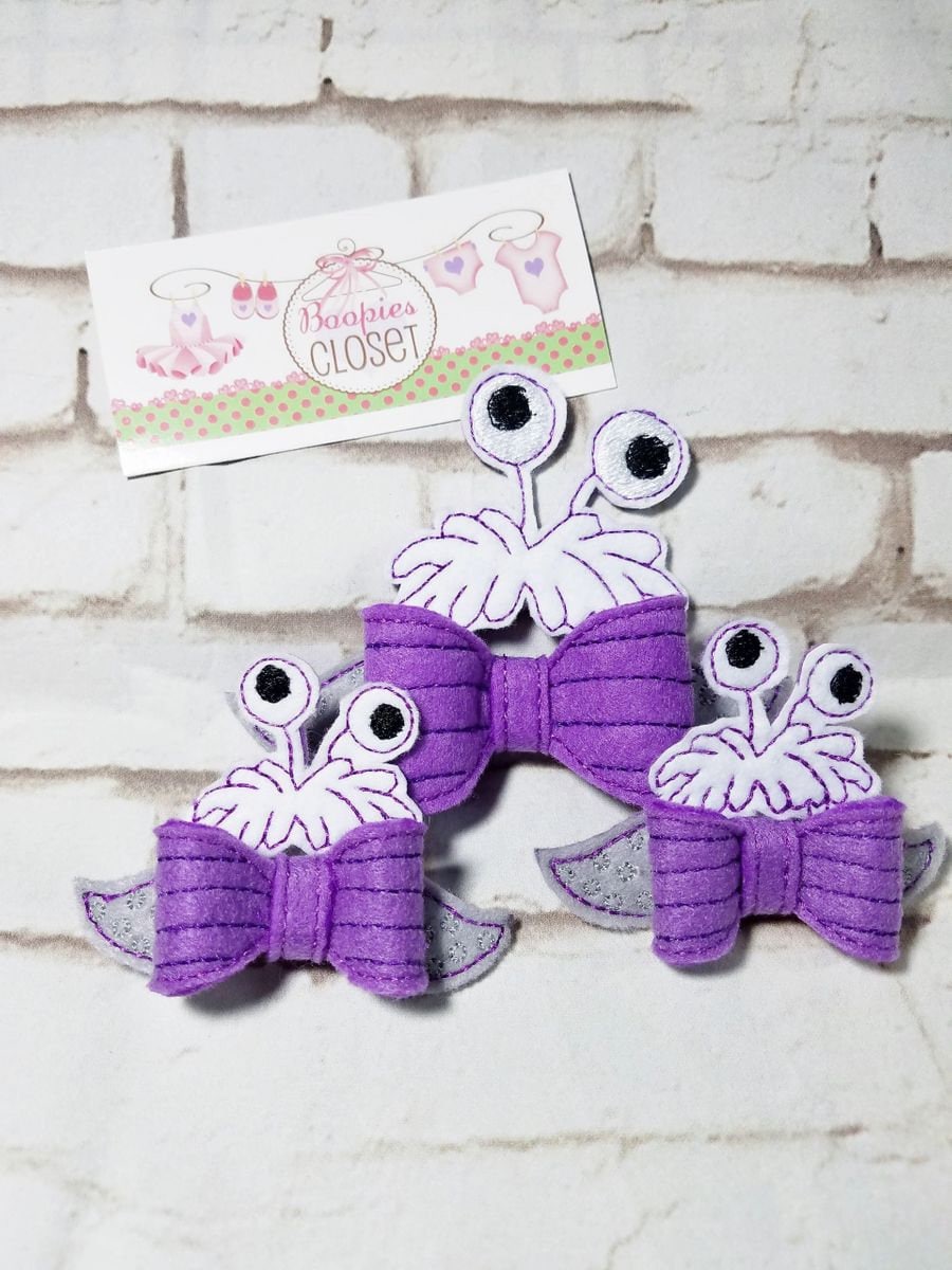 Purple Monster 3D Embroidered Felt Bow – Halloween Barrette or Headband for Kids & Pets