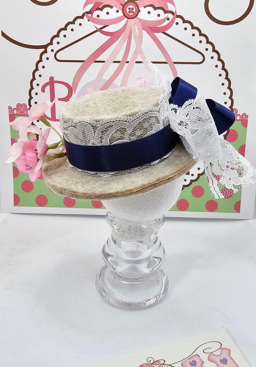 Cherry Blossom Mini Top Hat – Lace & Ribbon Derby Fascinator for Women & Girls, Spring Party Hat