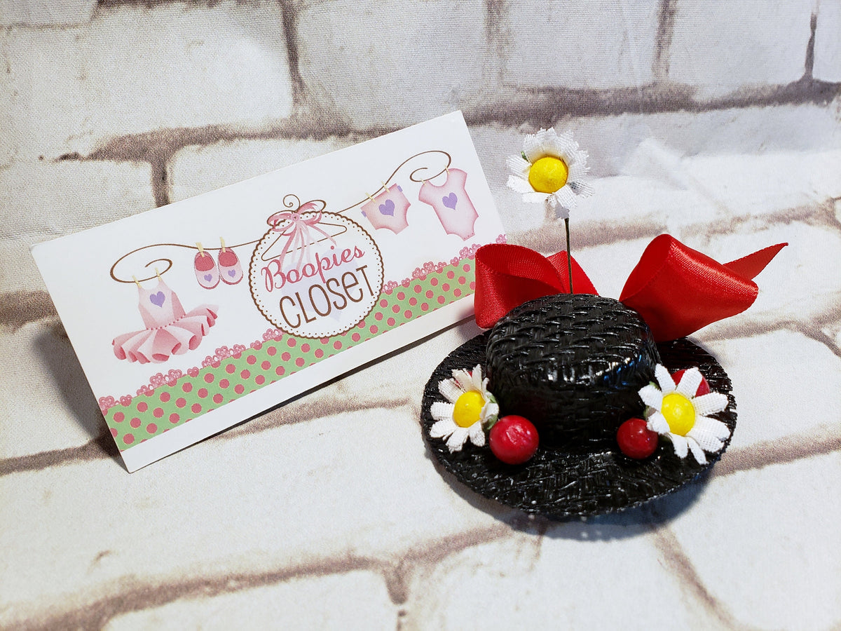 Miniature Nanny Hat Barrette – Black Straw Daisy Hair Clip, Character Costume Hair Accessory