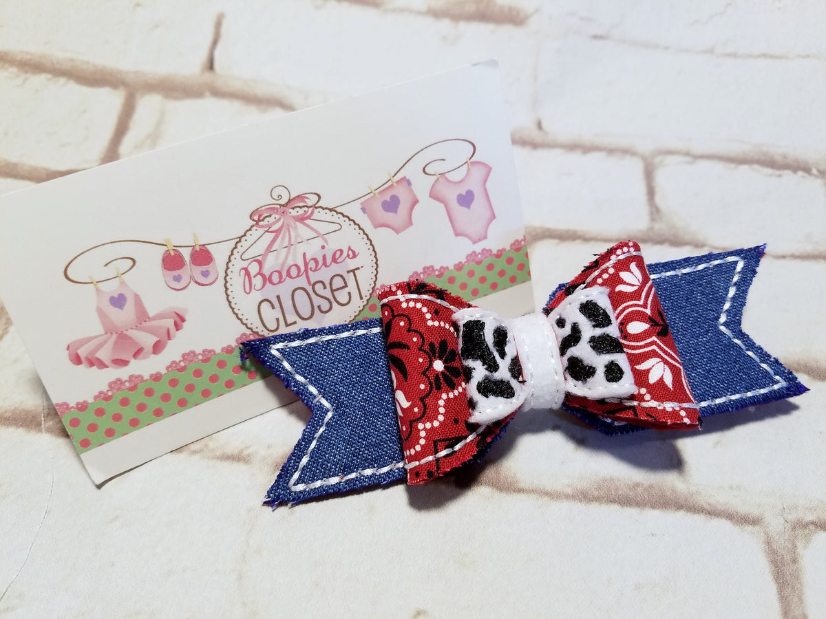 Cowgirl Denim Hair Bow – Cow Print Bandanna Western Barrette for Women, Girls & Pets