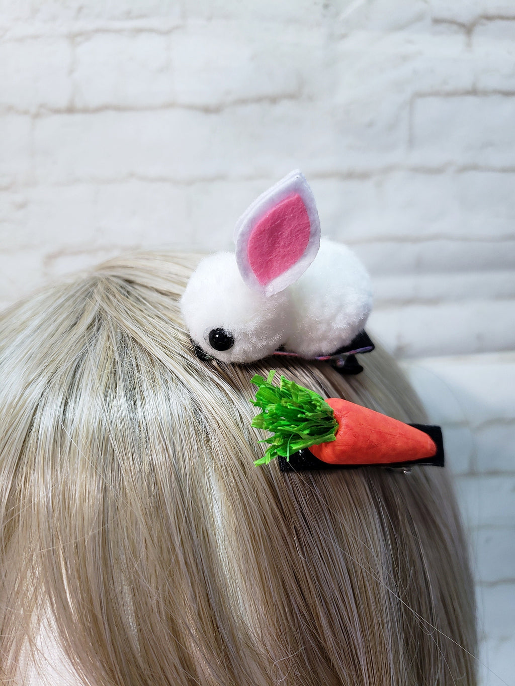 Bunny & Carrot Pompom Barrette Set – Easter Animal Hair Clips for Girls & Kids, Spring Accessory