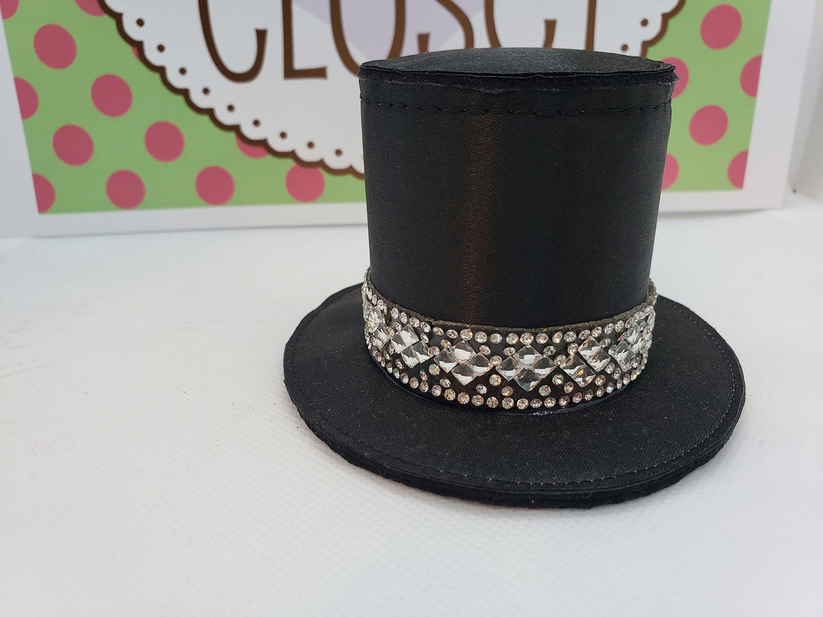 Black Satin Mini Top Hat – Rhinestone Band Derby Fascinator for Women, Elegant Costume Headpiece
