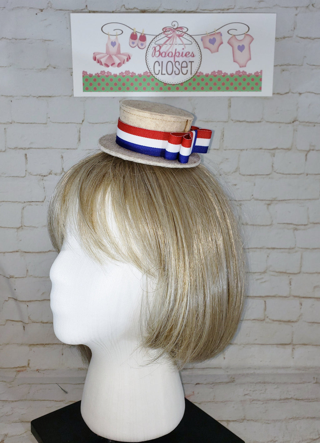 Yankee Doodle Mini Skimmer Hat – Patriotic Red White & Blue Ribbon Fascinator, 4th of July Hat