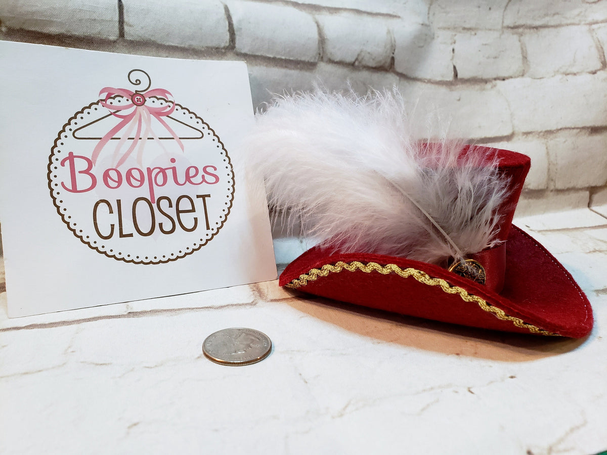 Pirate Captain Mini Tricorne Hat – Burgundy Felt with Feather, Costume Headpiece for Adults & Kids