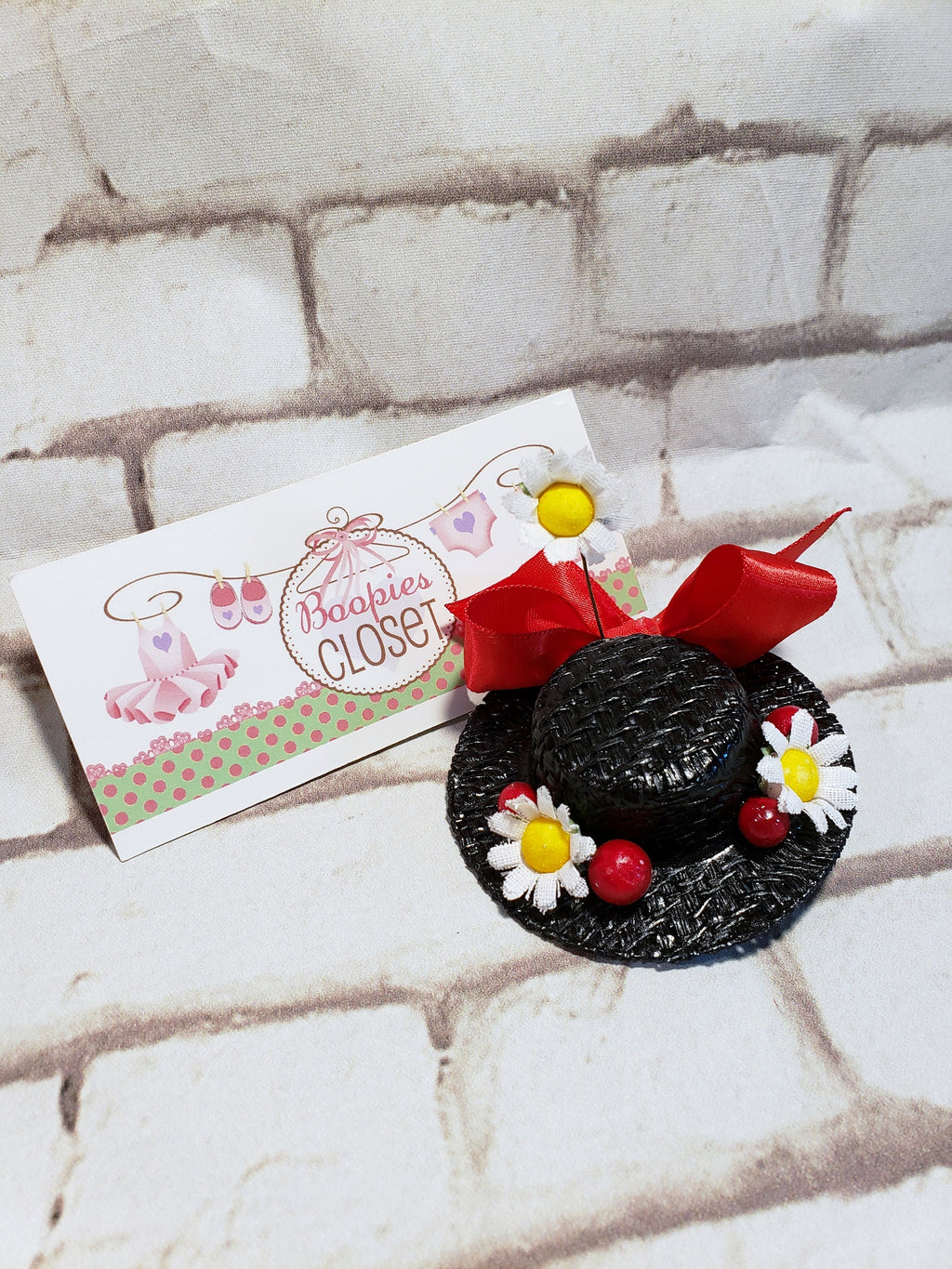 Miniature Nanny Hat Barrette – Black Straw Daisy Hair Clip, Character Costume Hair Accessory