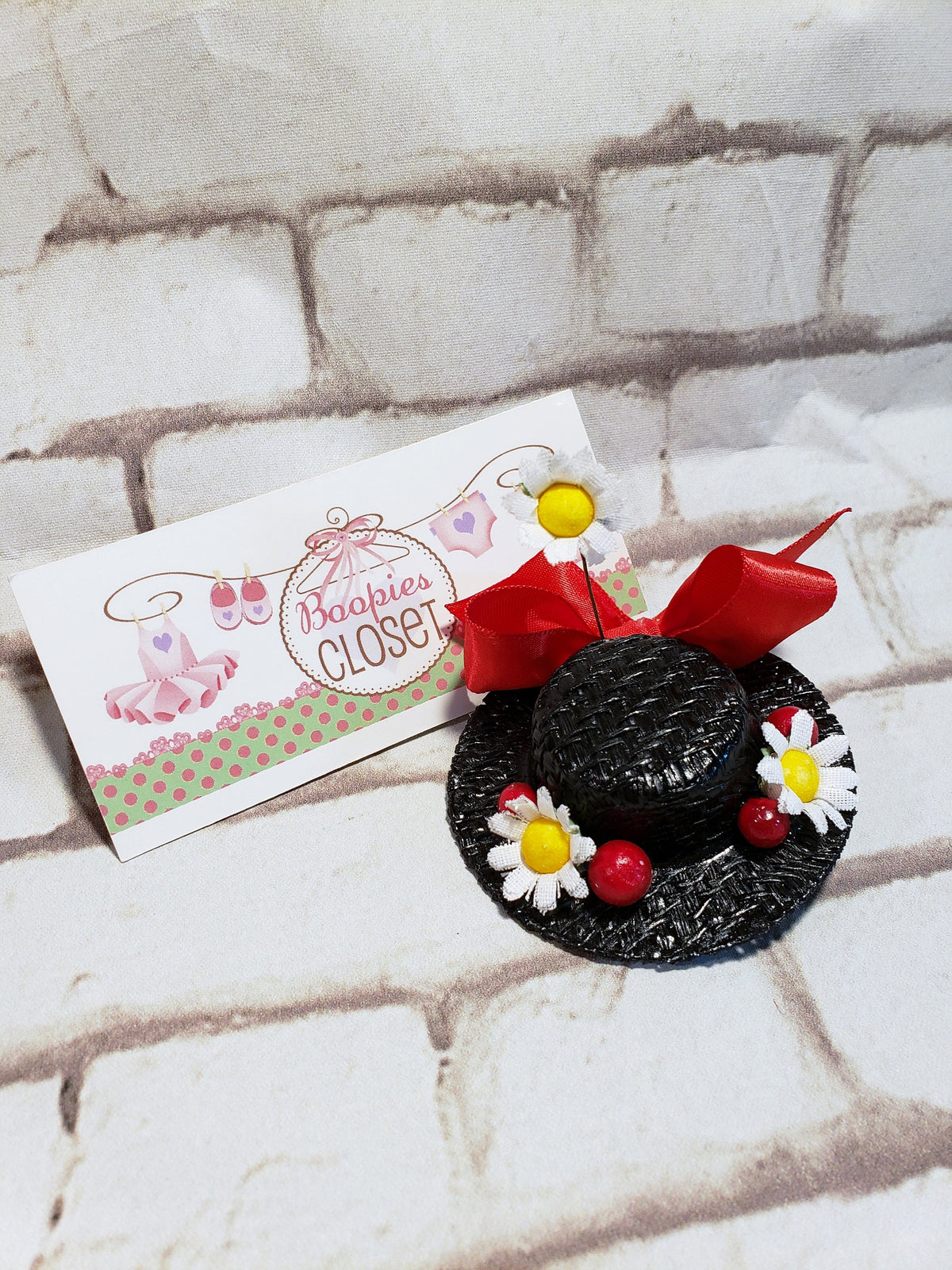 Miniature Nanny Hat Barrette – Black Straw Daisy Hair Clip, Character Costume Hair Accessory