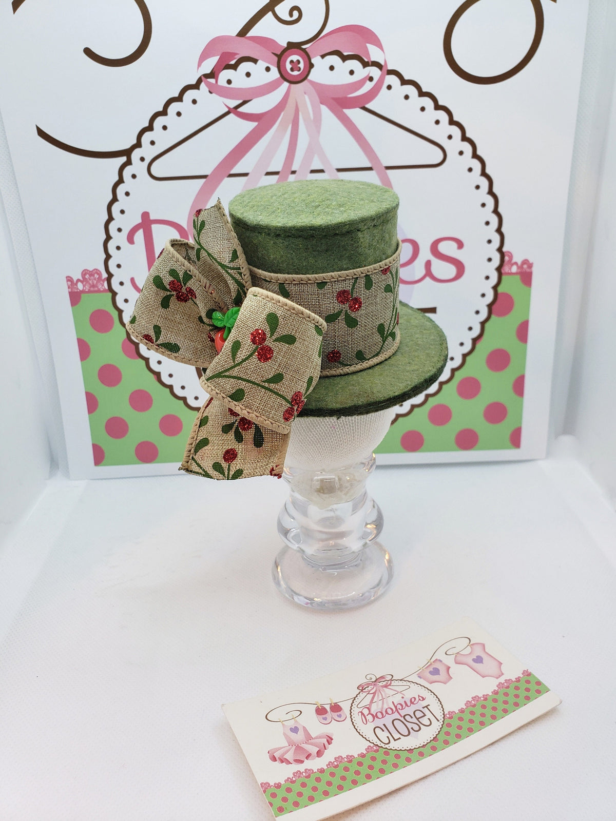 Olive Felt Mini Top Hat – Cherry Burlap Ribbon Costume Hat for Adults, Kids & Pets