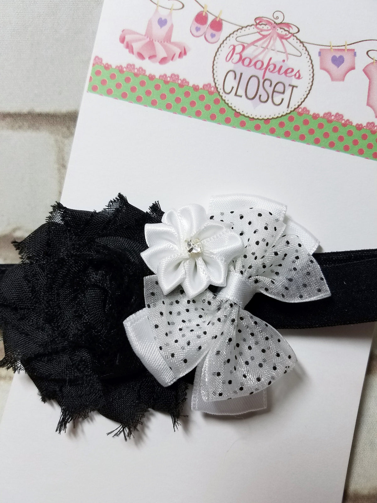 Black & White Floral Baby Headband – Mini Newborn Flower Bow Headband for Baby Girls, Photo Prop