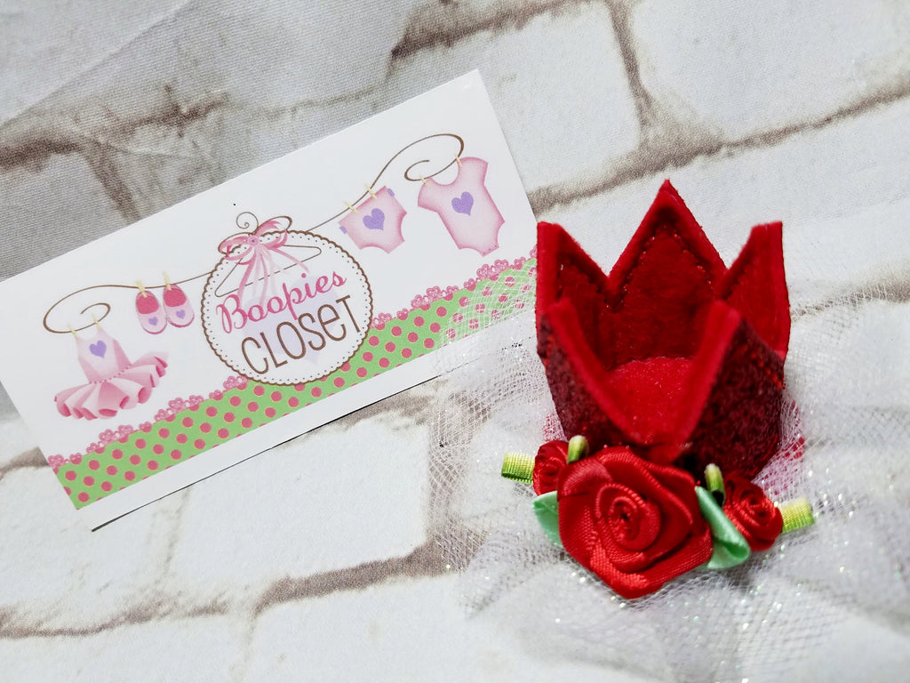 Red Sparkle Crown Barrette – Valentine's Day Felt Hair Clip for Girls, Princess Hair Accessory