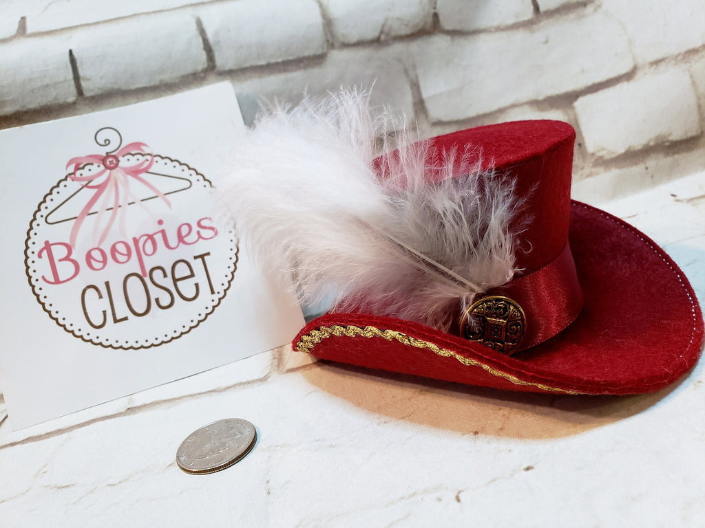 Pirate Captain Mini Tricorne Hat – Burgundy Felt with Feather, Costume Headpiece for Adults & Kids