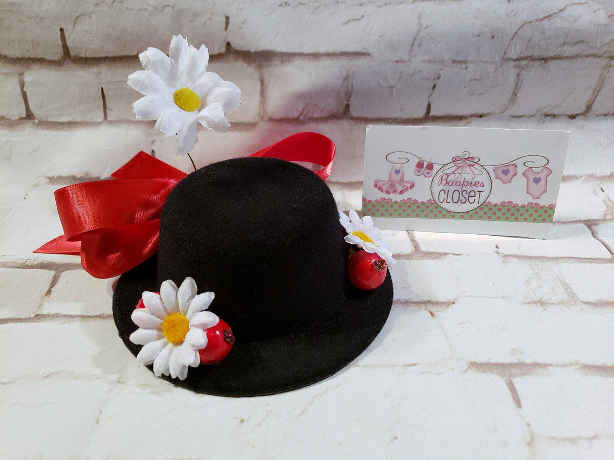 Nanny Character Mini Felt Hat – Costume Headpiece with Red Ribbon & Daisies, Fancy Dress Hat