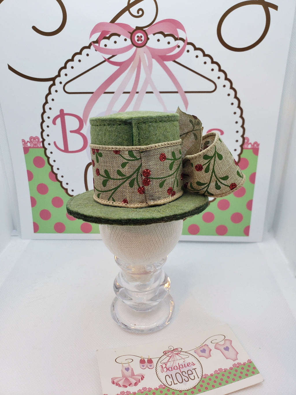 Olive Felt Mini Top Hat – Cherry Burlap Ribbon Costume Hat for Adults, Kids & Pets