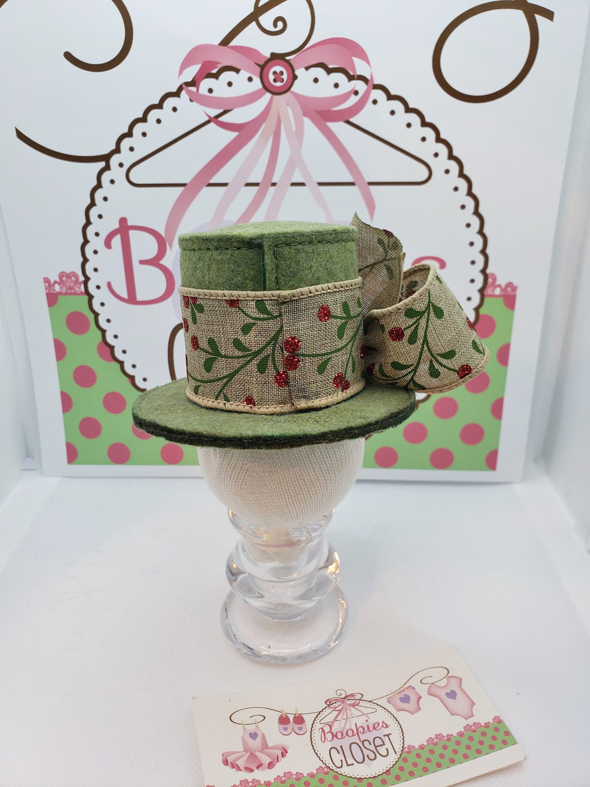 Olive Felt Mini Top Hat – Cherry Burlap Ribbon Costume Hat for Adults, Kids & Pets