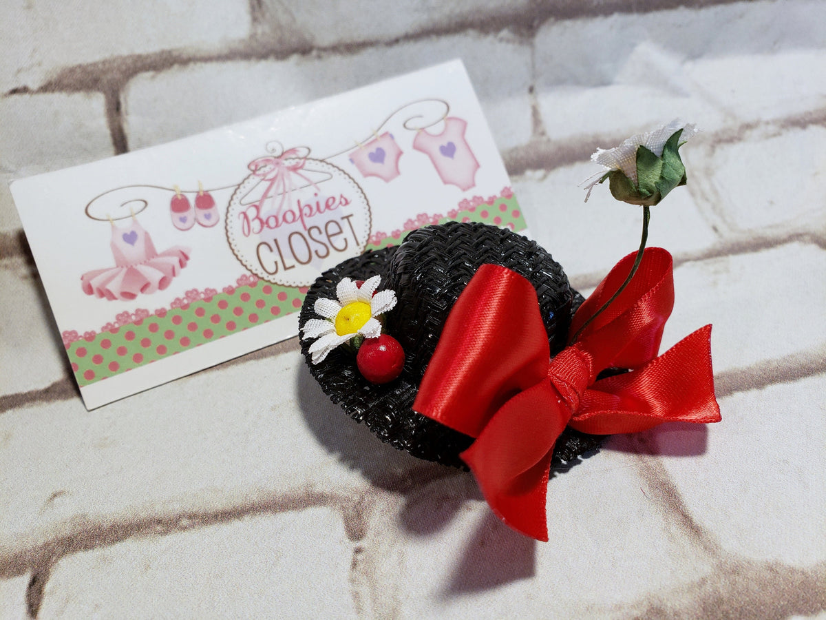 Miniature Nanny Hat Barrette – Black Straw Daisy Hair Clip, Character Costume Hair Accessory