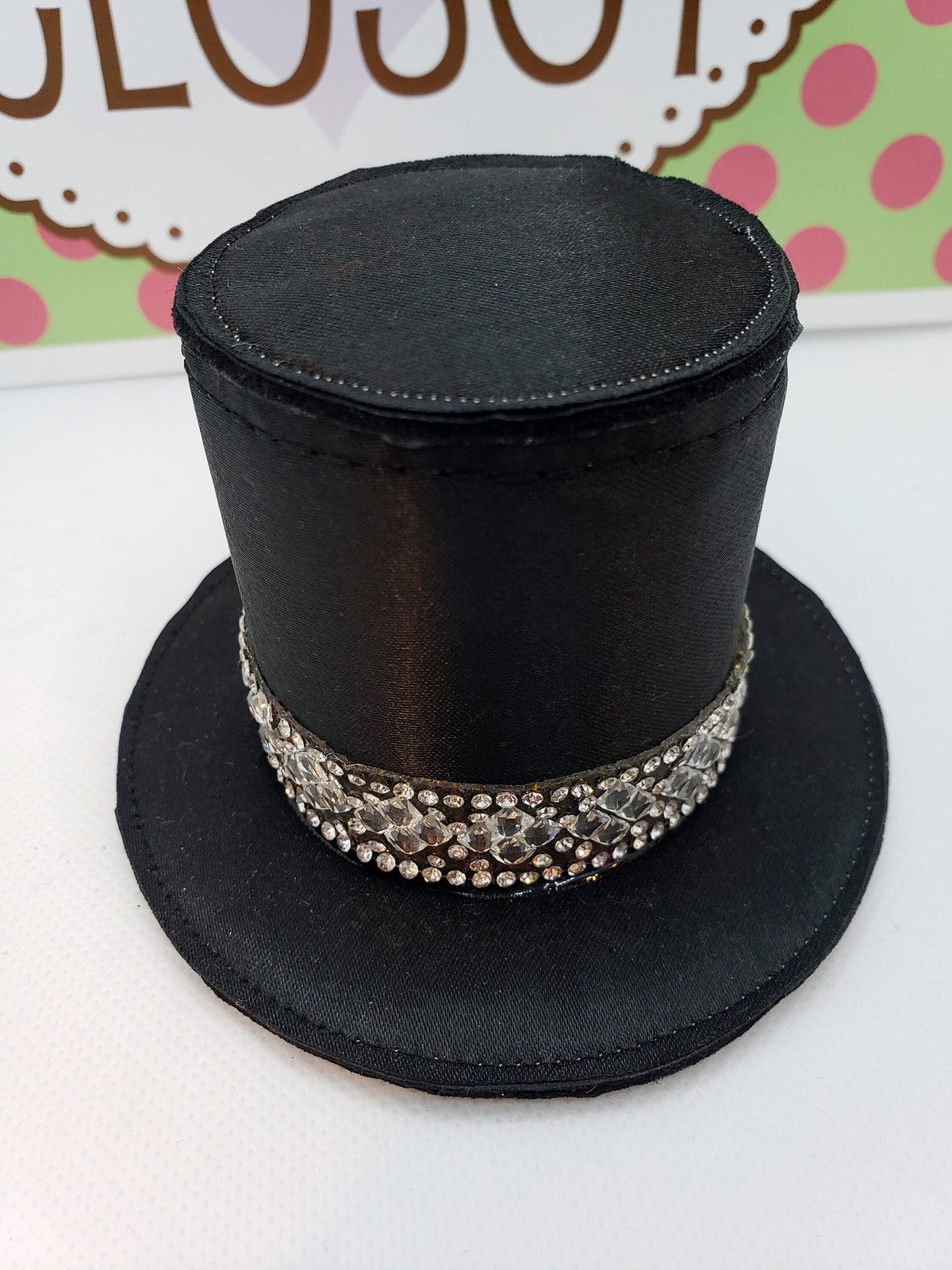 Black Satin Mini Top Hat – Rhinestone Band Derby Fascinator for Women, Elegant Costume Headpiece