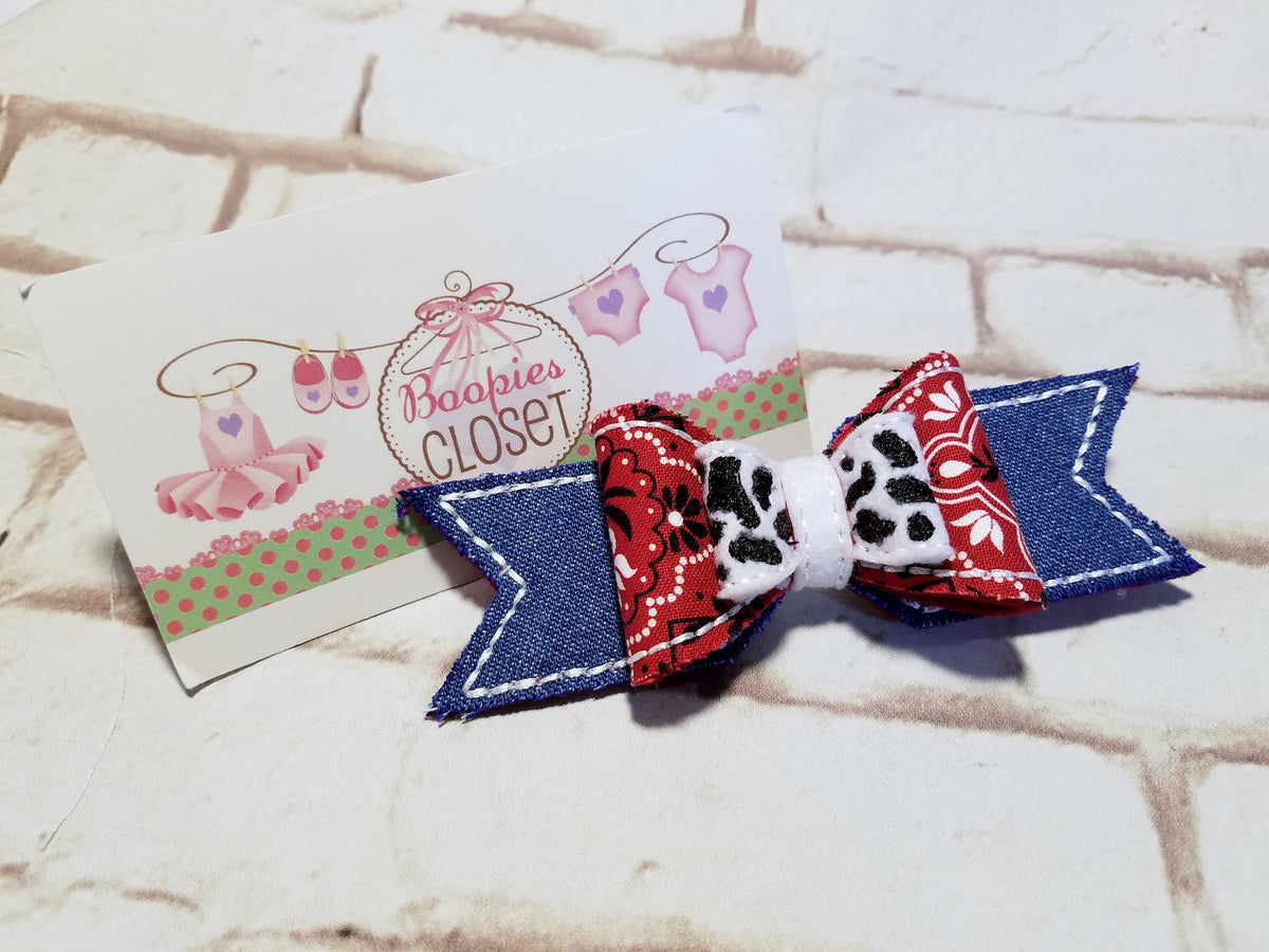 Cowgirl Denim Hair Bow – Cow Print Bandanna Western Barrette for Women, Girls & Pets