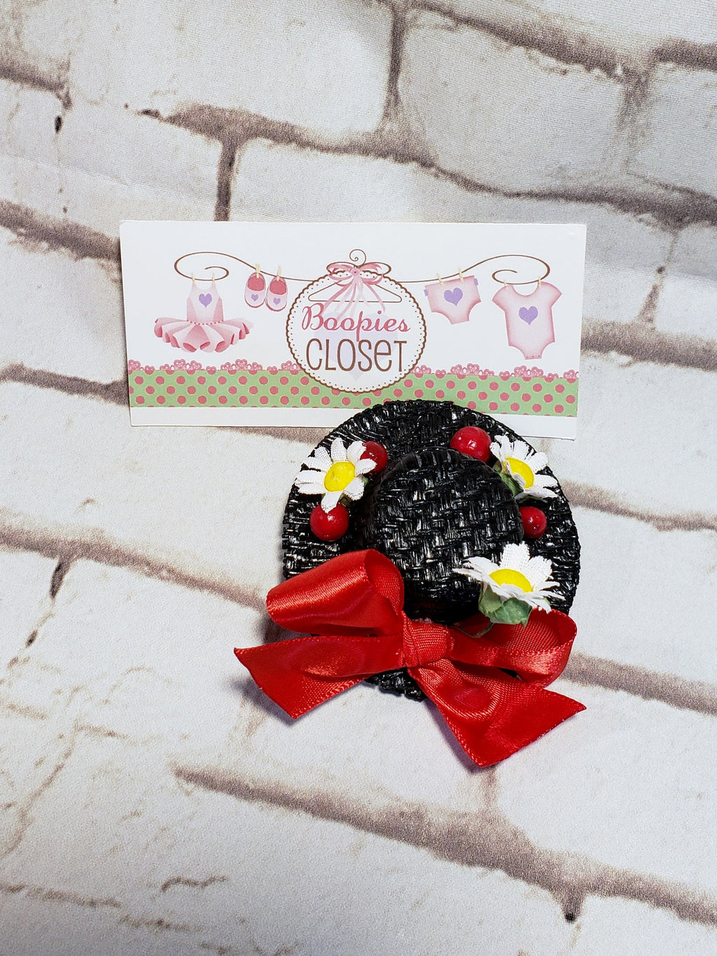 Miniature Nanny Hat Barrette – Black Straw Daisy Hair Clip, Character Costume Hair Accessory