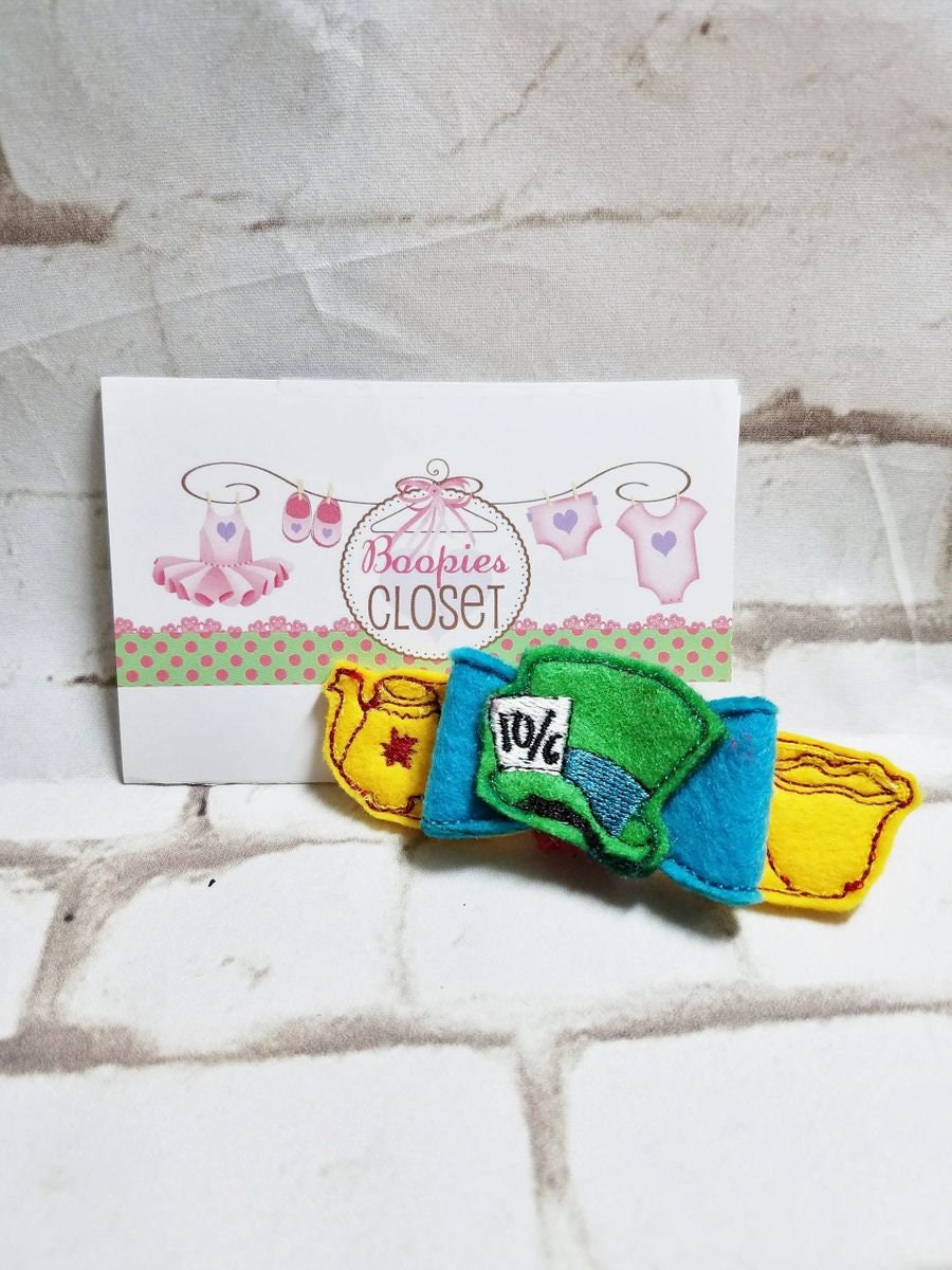 Alice in Wonderland 3D Embroidered Bow – Mad Hatter & Queen of Hearts Headband for Girls & Kids