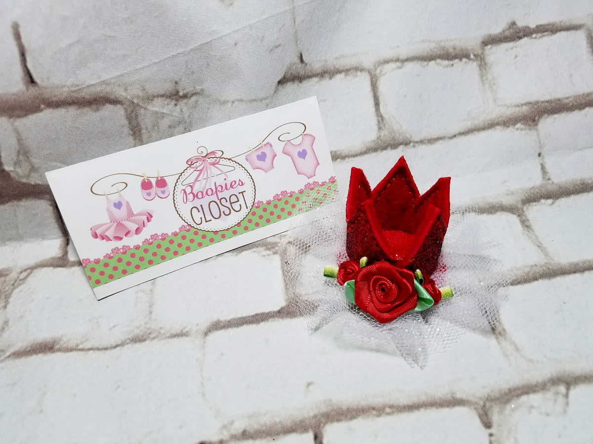 Red Sparkle Crown Barrette – Valentine's Day Felt Hair Clip for Girls, Princess Hair Accessory