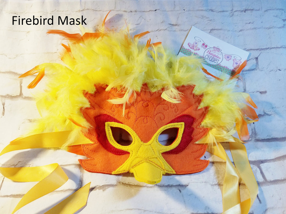 Feathered Firebird Felt Mask – Embroidered Bird Costume Mask for Adults & Kids, Masquerade Headpiece