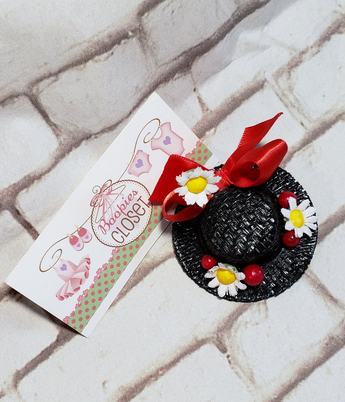 Miniature Nanny Hat Barrette – Black Straw Daisy Hair Clip, Character Costume Hair Accessory