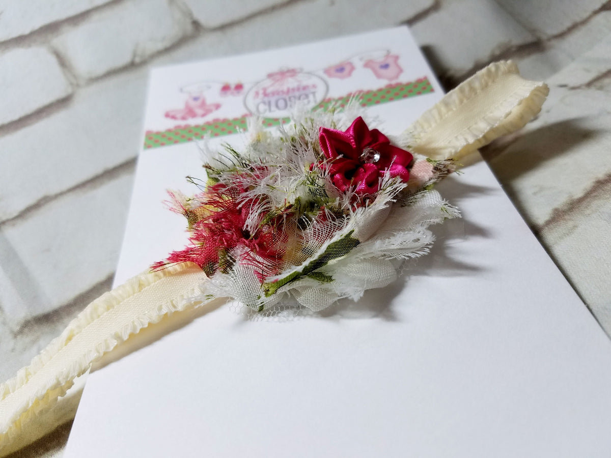 Shabby Chic Baby Headband – Ivory Rose & Rhinestone Flower Headband for Newborns & Baby Girls
