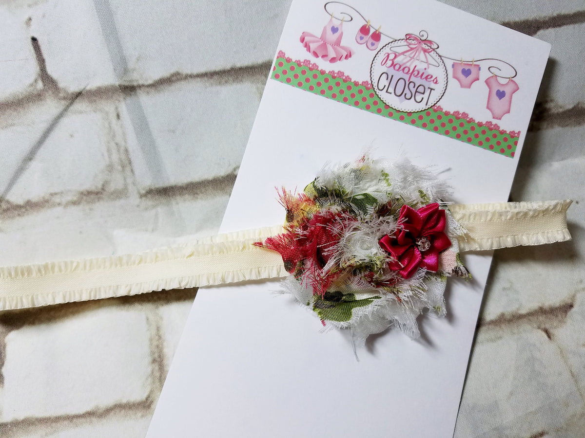 Shabby Chic Baby Headband – Ivory Rose & Rhinestone Flower Headband for Newborns & Baby Girls